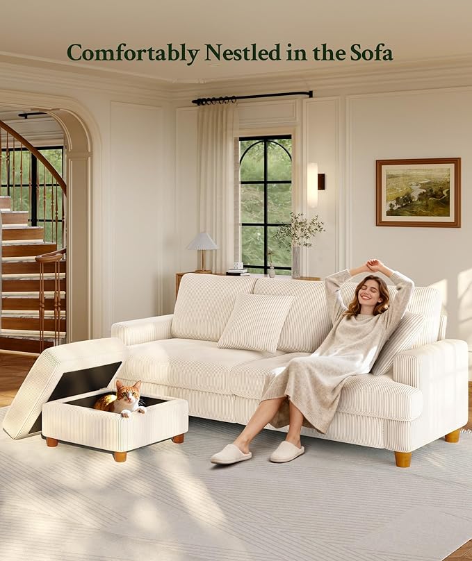 25.2 Couches for Living Room Comfy Beige Ottoman with Storage Foot Rest Tool-Free Setup Small Ottoman Foot Rest for Couch Corduroy Couch for Bedroom Apartment Office