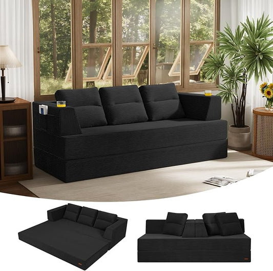 COMAX Futon Sofa Bed Queen 79 Convertible Sofa Bed Couches for Living Room 4 in 1 Folding Boneless Sleeper Corduroy Couch Loveseat Foam In a Box Comfy Foldable Lounge Fold Out Floor Mattress Black