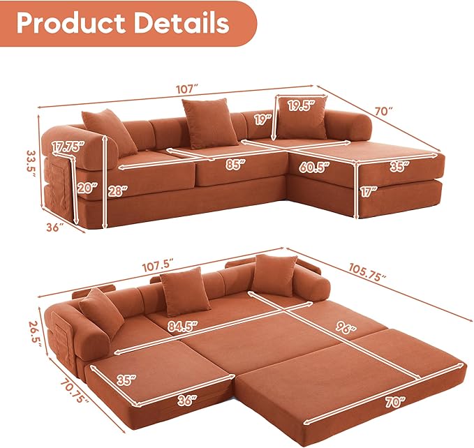L Shaped Convertible Modular Sofa Bed with Cylindrical Pillow &amp Reversible Chaise Corduroy Folding Floor Sofa Couch Bed with Fixed-Shape Frame &amp Storage Pocket for Living Room Orange