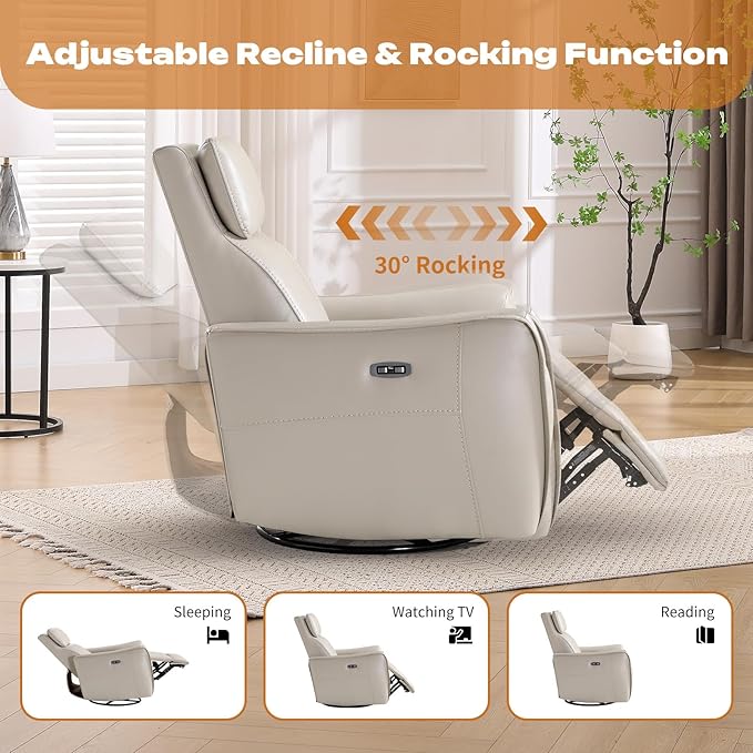 CANMOV Power Swivel Rocker Recliner Chair Electric Swivel Glider Rocker Recliner for Nursery Faux Leather Upholstered Rocking Reclining Chair with USB Port for Living RoomGrey