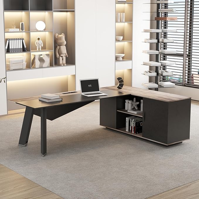 63 inches Executive Desk and 47 lateral File Cabinet L-Shaped Desk with Storage Shelves and Doors Modern Business Furniture DeskWriting Table Computer Desk for Home Office Brown and Black