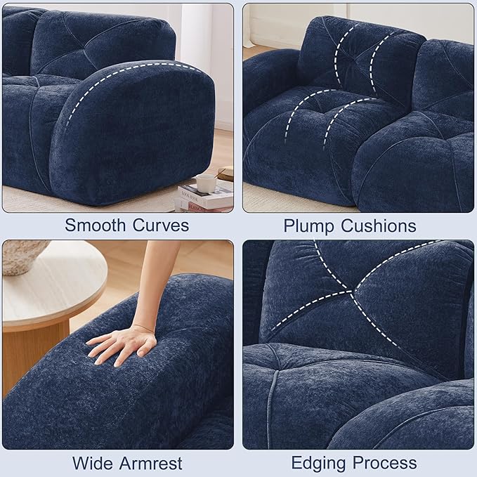 Boneless Couch Modular Sectional Sofa 80.3 U Shaped Sectional Couches for Living Room Upholstered Cloud Couch Retro Velvet Floor Sofa with Ottoman Deep Seat Loveseat for BedroomBlue