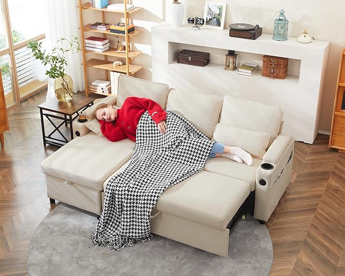 DURASPACE Sofa Bed Sleeper Pull Out 2 in 1 Sectional Sleeper Sofa Couches with StorageUSB Cup HolderPullout Sectional Couches for Apartment Living Room (Beige)