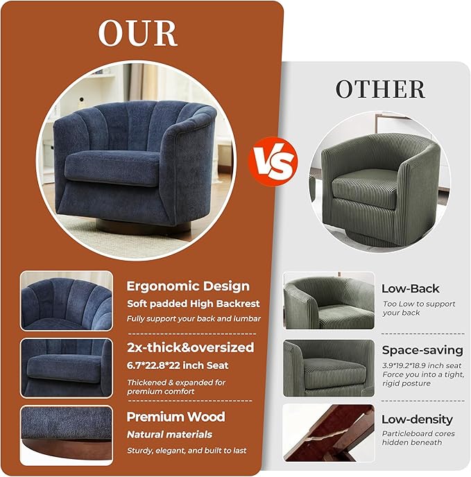 SITJOY Swivel Accent Chair Mid Century Modern Barrel Armchair with Solid Ash Wood Base Upholstered Chair for Living Room Bedroom Fabric in Navy