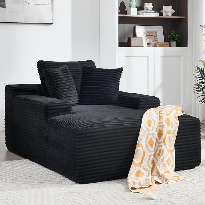 66 Oversized Chaise Lounge Chair Indoor Corduroy Upholstered Sofa Bed with Pocket Springs&ampHigh-Density Foam Deep Seat Sleeper Couch with 3 Pillows No Assembly for Living Room (Black)