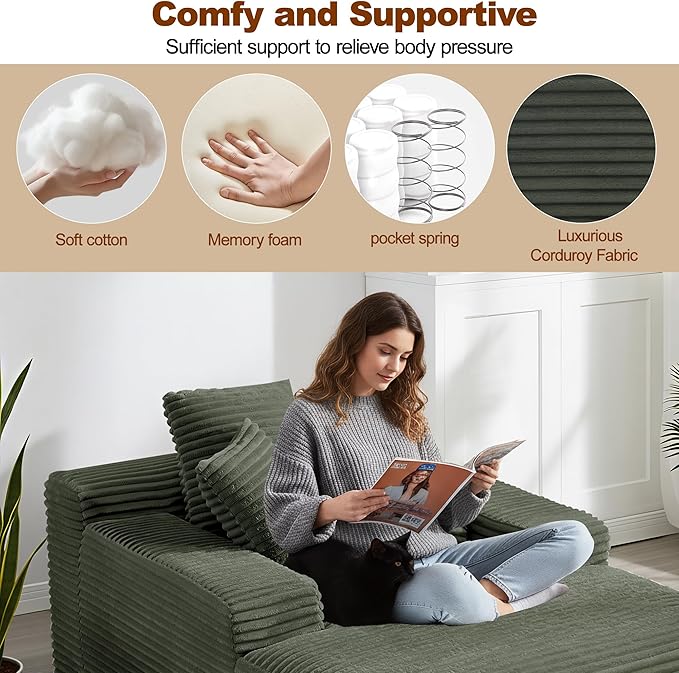 67 Inch Chaise Lounge Chair Indoor Oversized Corduroy Upholstered Boneless Sofa Bed with Amrests and 2 Pillows Cloud Sleeper Couch Reading Chair for Living Room