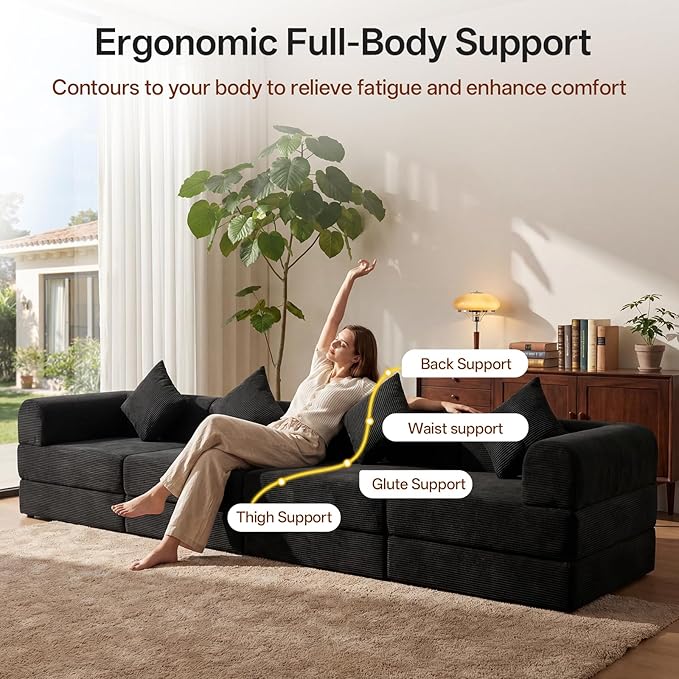 112.2 Modular Sectional Sofa 4-Seater All-Foam Boneless Cloud Couch Corduroy Foldable Convertible Sofa Bed Futon Sleeper Floor Sofa for Living Room No Assembly Required Black