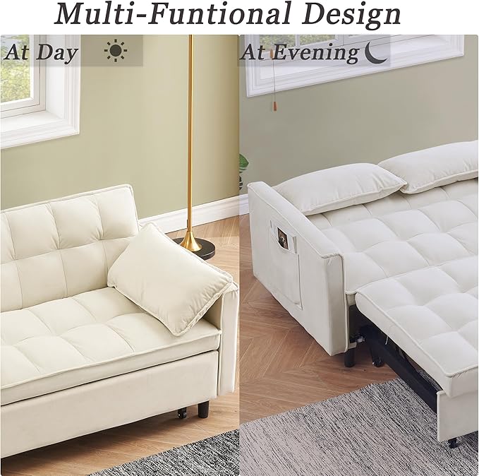 55 Sleeper Loveseat3 in 1 Sofa BedPull Out Couch Bed with 2 Pillows and Side PocketsVelvet Convertible Bed for Small SpacesLiving Room (Beige)