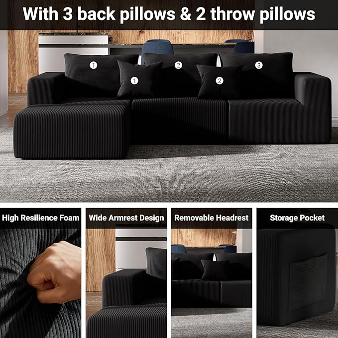 Modern Cloud Sectional Couches for Living Room Convertible L-Shape Boneless Couches with Ottoman 3 Seater Corduroy Modular Sectional Sofa with Pockets No Assembly (Black) | Sectional Couches L-Shap