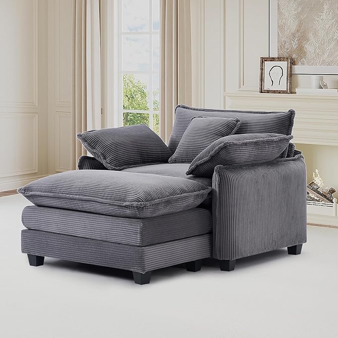 Oversized Chair with Ottoman Modern Corduroy Sofa Bed Single Sofa Chaise Large Upholstered Sofa for Living Room Bedroom (Grey)