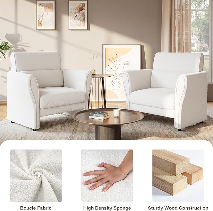 Accent Chair with Arms Upholstered Armchair Comfy Reading Armchair Modern Lounge Chair for Living Room Bedroom Office Comfy Single Sofa 33.5inch White