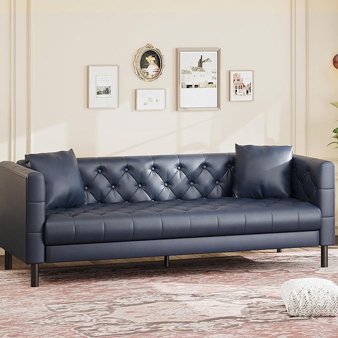 Mid Century Modern Leather Sofa 81 Inch Chesterfield Style 3 Seat Couch with Deep 26 Seats Button Tufted Upholstery Includes 2 Pillows for Living Room Apartment or Office Black