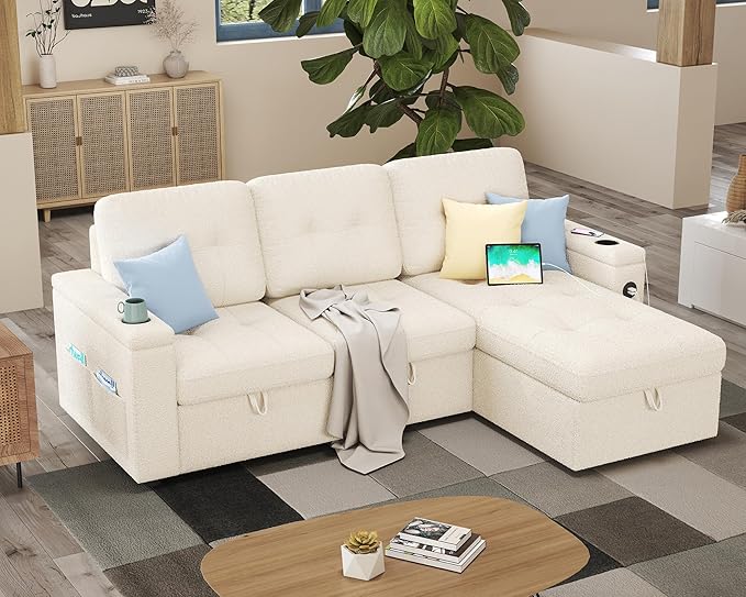 PaPaJet 84 Inch Pull Out Couch Sleeper Sofa with Storage Chaise Tufted L Shape Convertible Couch with 2 USB &amp Cup Holders Boucle White