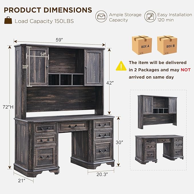 T4TREAM Farmhouse Executive Desk with Hutch59 Wood Home Office Desk with Charging StationFile Cabinet StorageKeyboard TrayIdeal for Work and StudyDark Rustic Oak