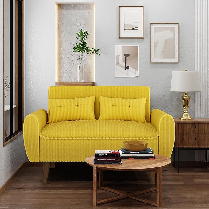 Shintenchi 47 Small Modern Loveseat Couch Sofa Fabric Upholstered 2-Seat Sofa Love Seat Furniture with 2 Pillows Wood Leg for Small Space Living Room Bedroom Apartment Yellow