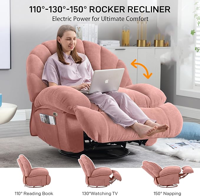 Power Recliner Chair Swivel Comfortable Soft Fabric Shell Shape with Storage 360 Swivel Electric Big Tall Single Reclining Sofa for Adults Living Room Bedroom (Pink)