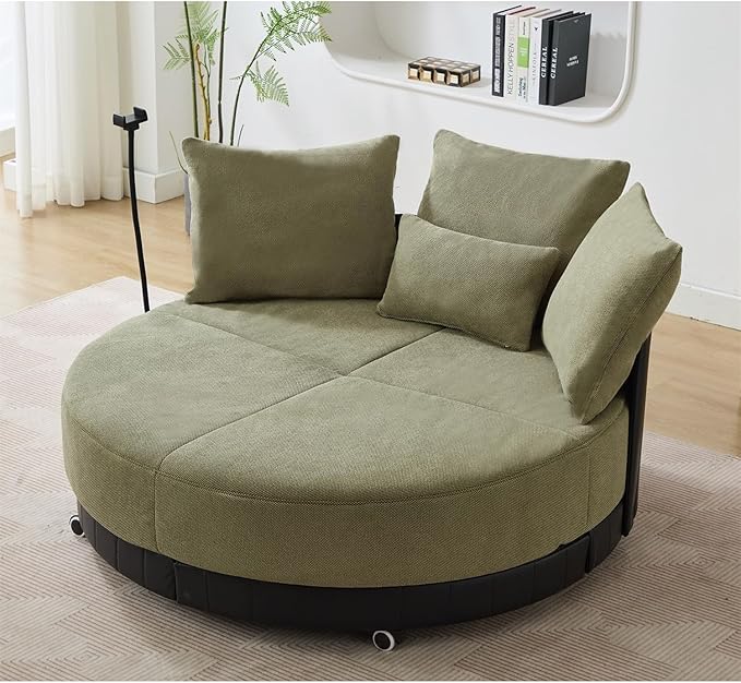 Polibi 52.75 Round Swivel Barrel Chair with Phone Holder and 360°Rotating Pulley Polyester Upholstered Chaise Lounge Oversize Single Sofa Chair for Living Room Bedroom Green