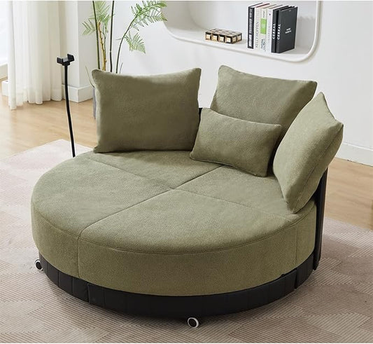 Polibi 52.75 Round Swivel Barrel Chair with Phone Holder and 360°Rotating Pulley Polyester Upholstered Chaise Lounge Oversize Single Sofa Chair for Living Room Bedroom Green