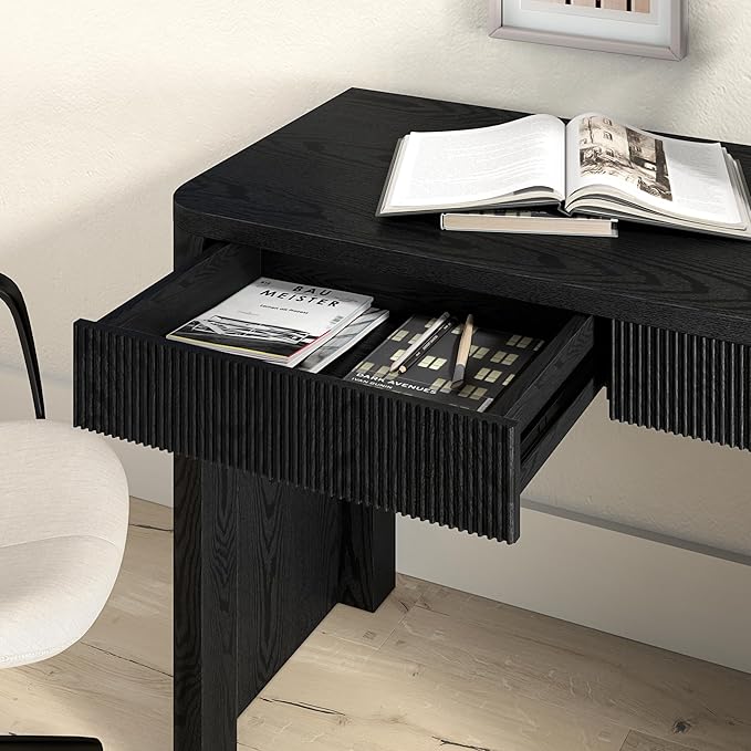Henn&ampHart 48 Fluted Modern Rectangular Home Office Desk Ribbed Computer Desk Writing Table with 2 Storage Drawers for Home Office Natural Black