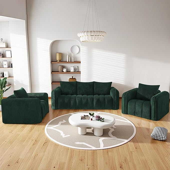 Comfy 3-Stear Sofa with 2 Armchair Set of 3 Corduroy Sofa for Living Room Boneless Lounge Floor Cloud Couch for Small Spaces for Bedroom Office Apartment Green