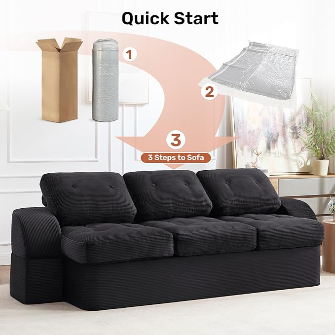 Convertible Sofa Bed3-Seater Boneless Couches for Living Room 2 in 1 Folding CouchFold Out Floor Couch with PillowsCloud Floor LoveseatFloor Futon Sleeper for Living Room Bedroom LoungeBlack