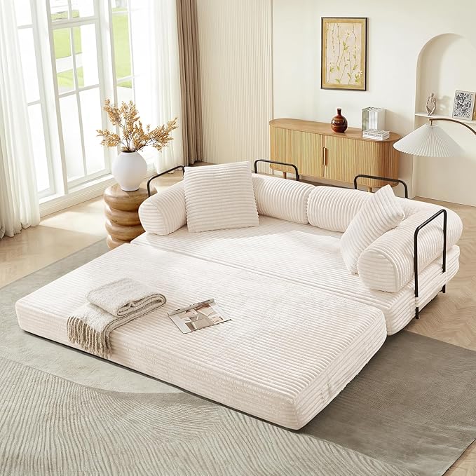 Folding Sofa Bed Convertible Corduroy Comfy Loveseat Sleeper Bed Modular Foam Compression Sofa Couch Floor Lazy Chaise Lounge for Guest Room Living Room Studio (Beige)