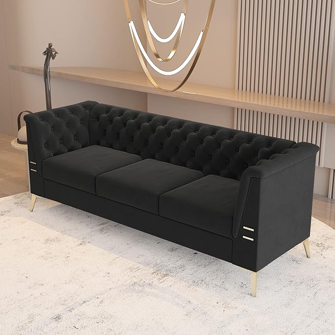 Black Chesterfield Velvet Couch for Living Room3 Seater Tufted Sofa with Gold Metal Legs Large Upholstered Comfy Couch (Black 82)