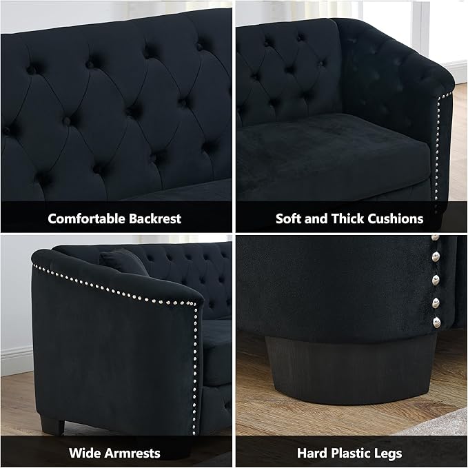 mikibama Modern Chesterfield Velvet Loveseat Sofa 59 Inch Sectional Sofa Luxury 2 Seater Upholstered Tufted Couch with Nailhead Arms and 2 Pillows for Living Room Bedroom Apartment(Black)