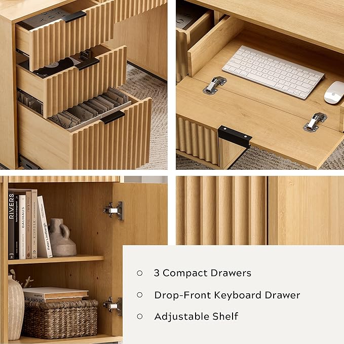 Fluted Executive Desk with File Drawer 55 Large Computer Desk with Storage and Charging Station Modern Wooden Home Office Desk for Workspace Writing Study Nautral Oak
