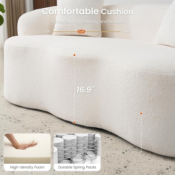 72” Curved Loveseat Sofa Modern Teddy Boneless Couch with 2 Pillows for Small Spaces Living Room Bedroom No Assembly Required (Cream White)