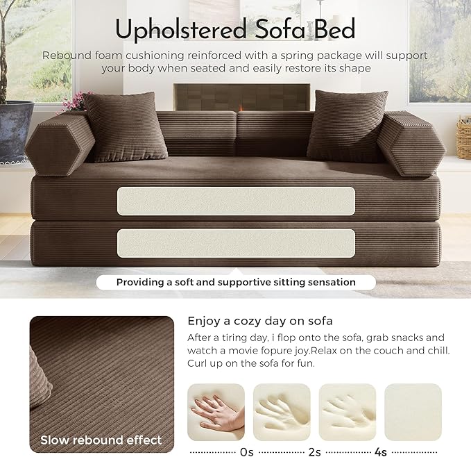 79'' Convertible Sofa Bed 5-in-1 Folding Sleeper Couch with Pull Out Bed Corduroy Modular Floor Sofa No Assembly Space Saving Guest Bed for Living Room Apartment Bedroom (Brown1) | Convertible Sofa