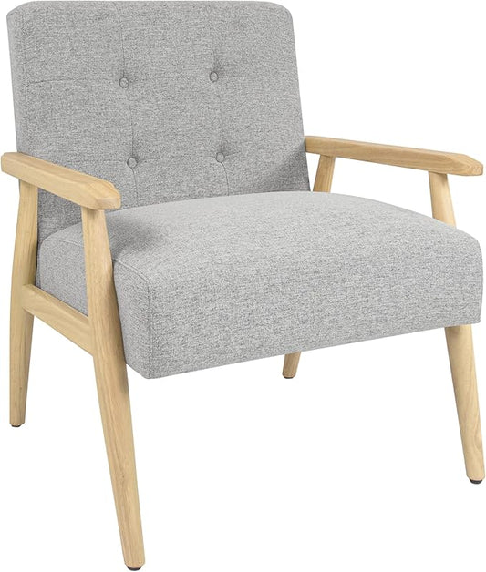 Mid-Century Modern Accent Chair Natural Wood Frame (Gray Woven)