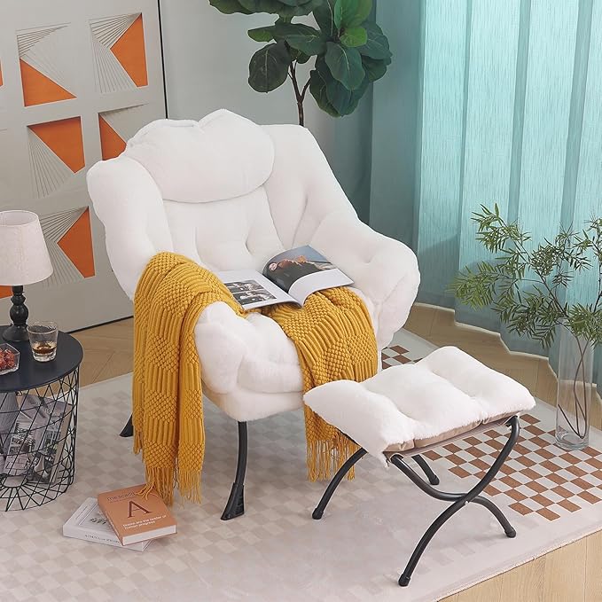 Tiita Lazy Chair with Ottoman White Modern Large Accent Chair Comfy Leisure Sofa Armchair with Ottoman Reading Chair with Footrest for Bedroom Living Room Dorm Rooms Plush White