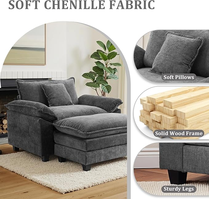 Oversized Accent Chair with OttomanOversize Chair Chenille Sofa with ArmrestsComfy Living Room Sofa with Deep Seat &amp PillowsOversized Reading Accent Chairs Couch Lounge for Bedroom (Grey)