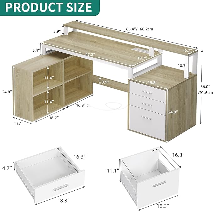 YITAHOME L Shaped Desk with 3 Drawers 65 Corner Computer Desk with Power Outlets &amp LED Lights L-Shaped Desk with File Cabinet &amp Printer Stand for Home Office White &amp Oak