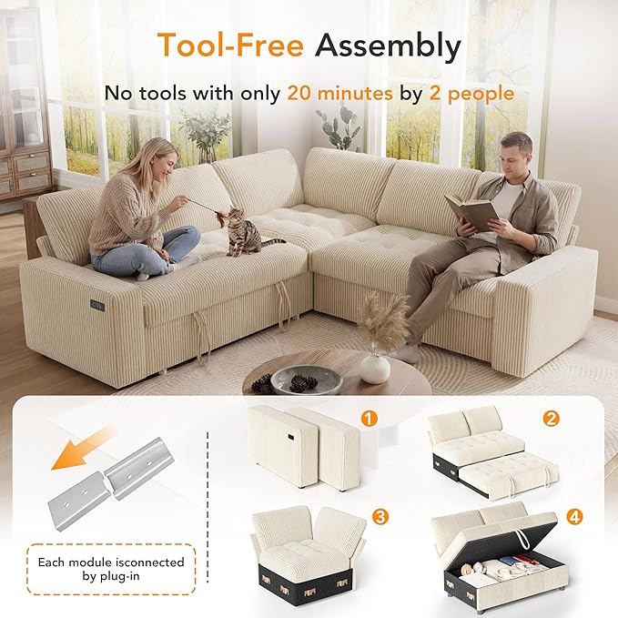 Vipbear Pull Out Sofa Bed Sectional Sleeper Sofa with Reclining Backrest &amp Storage Plush Pullout Modular Sectional Couches with USB Charging L Shaped Convertible Couch Bed for Apartment Beige |