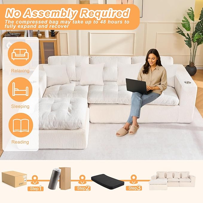 Modular Sectional Sofa 108 Cloud Sectional Couch with Deep Seat 3 Seat Modular Sofa Memory Foam Upholstered Boneless Couches for Living Room Bedroom No Assembly Required White