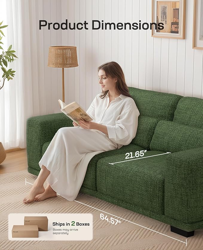 Marsail 2-Seater Modern Sofa 65 Loveseat Couch with Wide Armrests &amp Deep Cushions Linen Sofas with Removable Washable Covers for Living Room Green