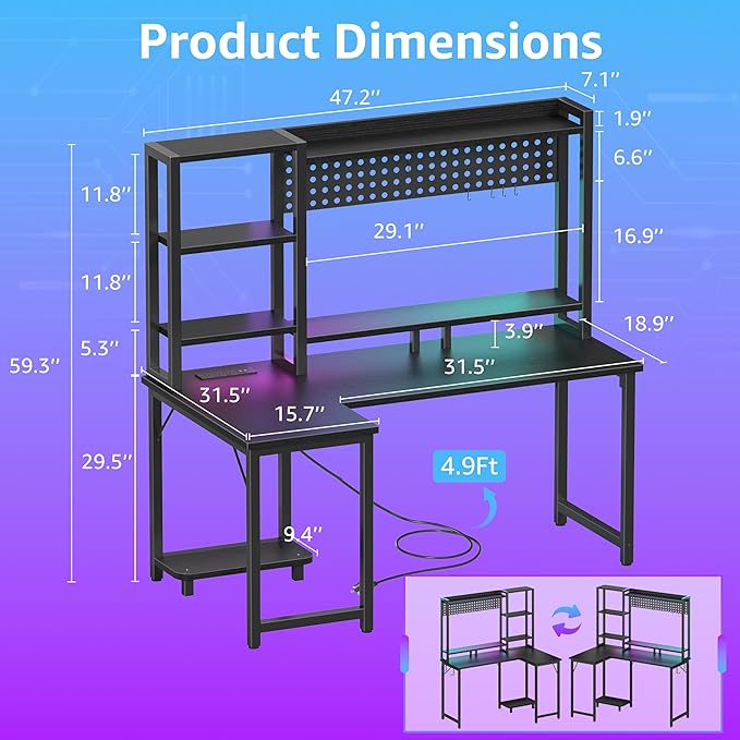 L Shaped Gaming Desk with Shelves - 48 inch Corner Computer Desks with Storage Hutch Shelf Reversible Pegboard Led Lights Power Outlets PC Monitor Stand for Bedroom Black