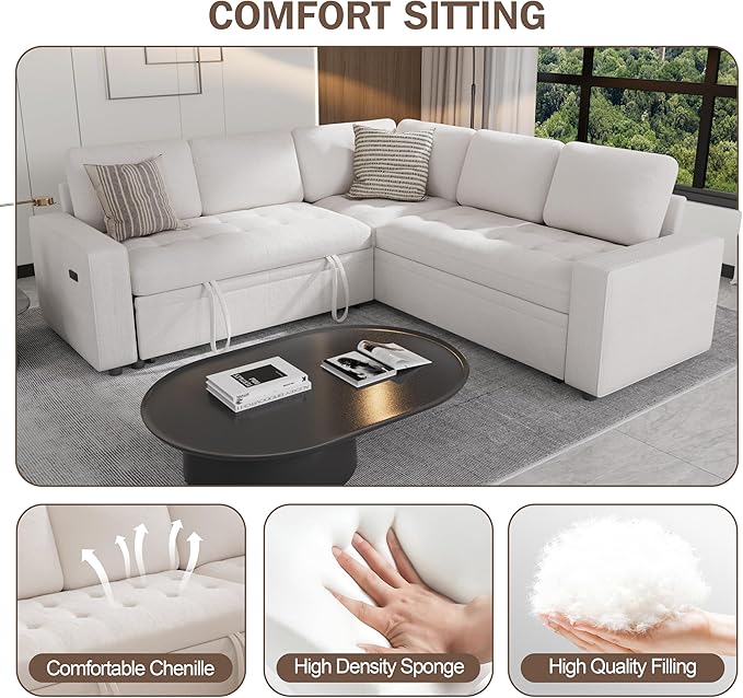 Sunny Heart Chenille Modular Sectional Sleeper Sofa with Pull Out Bed L Shaped Sectional Sofa with USB Ports/Adjustable Backrest/Storage Seats Tool-Free Assembly Couches for Living Room Beige