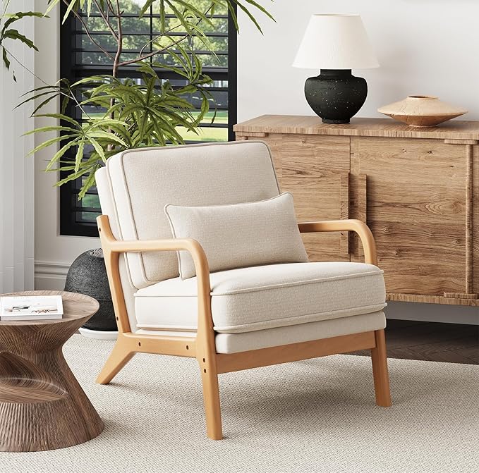 Mid-Century Accent Chair Set of 2 with Solid Wood Frame Reading Relaxing Armchair Lumbar Pillow&amp Soft Cushion Leisure Chair for Living Room Bedroom Waiting Room-Beige