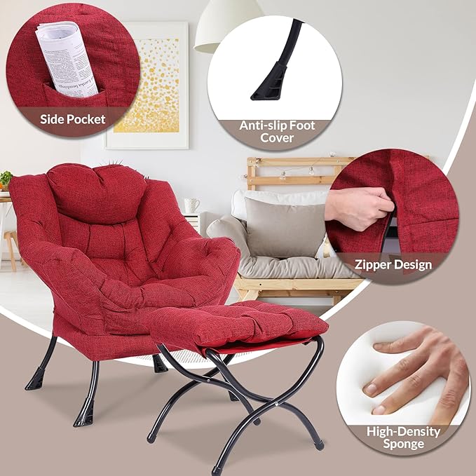 MEETWARM Modern Cotton Fabric Lazy Chair with Ottoman Accent Contemporary Lounge Chair Upholstered Single Leisure Sofa with a Side Pocket Armrests and Thick Padded Back for Living Room(Red)
