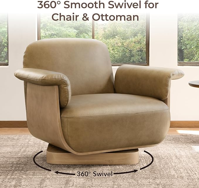 CHITA Genuine Leather Swivel Chair with Storage Ottoman Modern Living Room Accent Chair with Lounge Seat for Bedroom Office Mocha