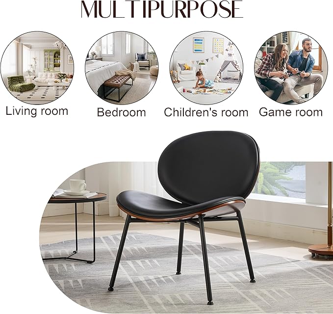 Mid-Century Modern Accent Chair Black PU Leather Lounge Chair with Walnut Wood Finish Curved Back Side Chair for Living Room Bedroom Reading Nook Office (Black + PU Set of 2)