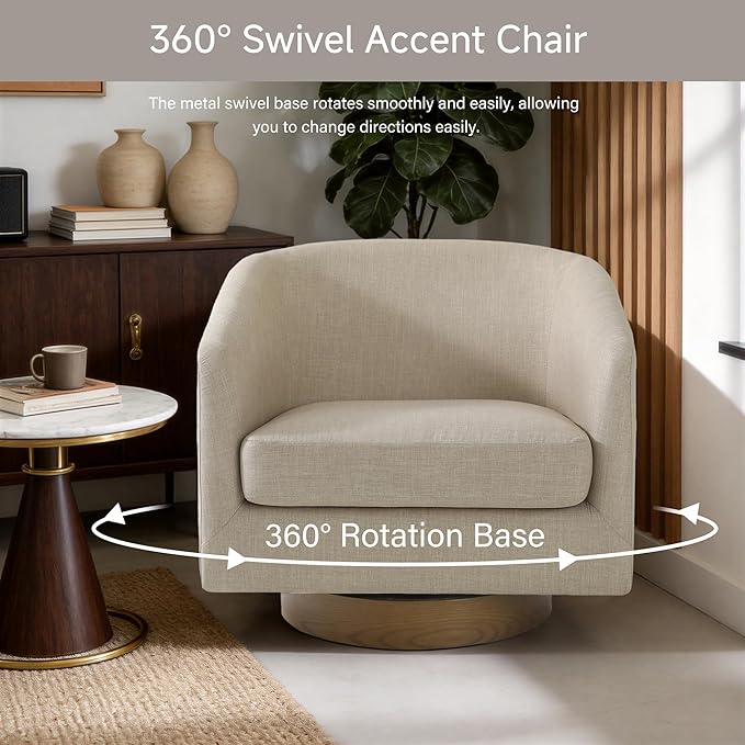 Swivel Barrel Chair 31 W Modern Round Swivel Accent Chair for Living Room 360° Rotation Upholstered Linen Fabric Armchair Club Chair for Bedroom Reading Room Office (Light Brown)