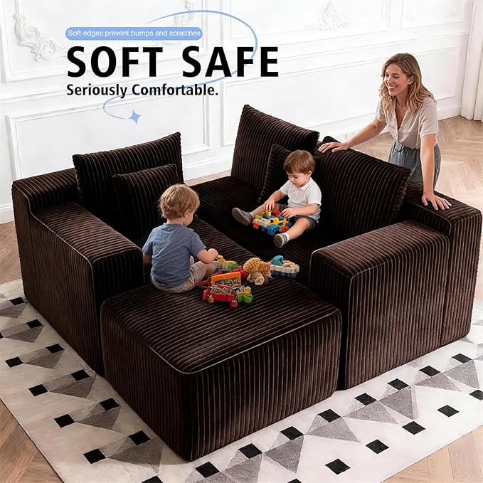 107 Boneless Modular Sectional Sofa L-Shaped Cloud Couch with Deep Seat &amp High Backrest Corduroy Couch Memory Foam Sectional Couch No Assembly Required for Living Room Apartment (Brown)