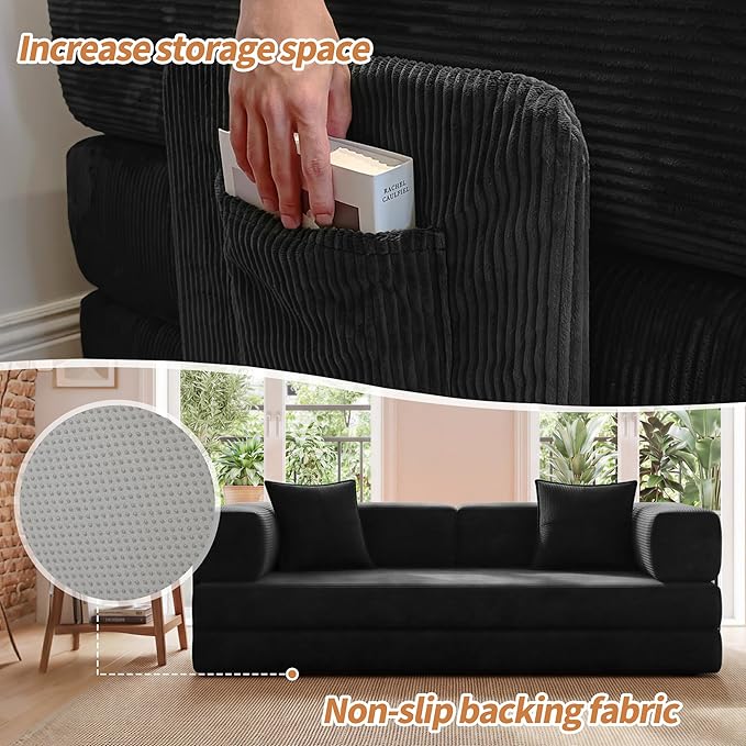 78.8 Convertible Sofa Bed with Armrest Pillow 4-in-1 Sleeper Couch Bed for Livingroom Modular Corduroy Boneless couches No Assembly (Black)