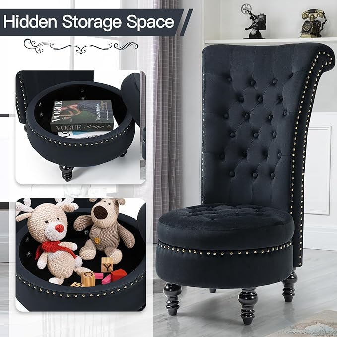 AVAWING High Back Throne Chair Velvet Armless Royal Accent Chair w/Storage Nailhead Trim &amp Rubberwood Legs for Living Room &amp Bedroom Black