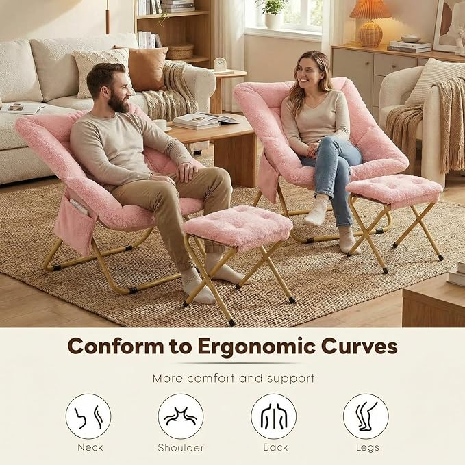 Folding Saucer Chair Comfy Reading Chair with Ottoman Plush Faux Fur Lounge Chair for Small Space Bedroom Dorm Living Room X-Large Lazy Chair for Adults Teens Kids