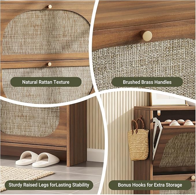 Nicetree Rattan Arched Accent Shoe Storage Cabinet - Freestanding Ultra Slim for Entryway 4 Flip Drawers &amp 3-Tier Adjustable Shelves Farmhouse Modern Rustic Shoe Rack for Hallway Foyer Living